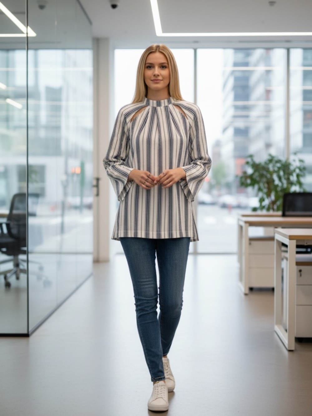 NWT Women's Long Sleeve Stripe Cut Out Top Blouse